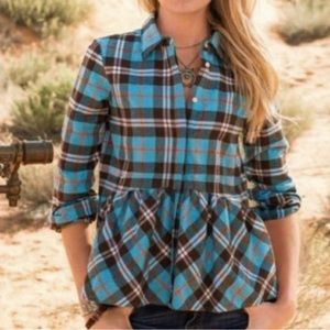 Sundance Hayden Creek Teal Plaid Flannel Peplum Top S